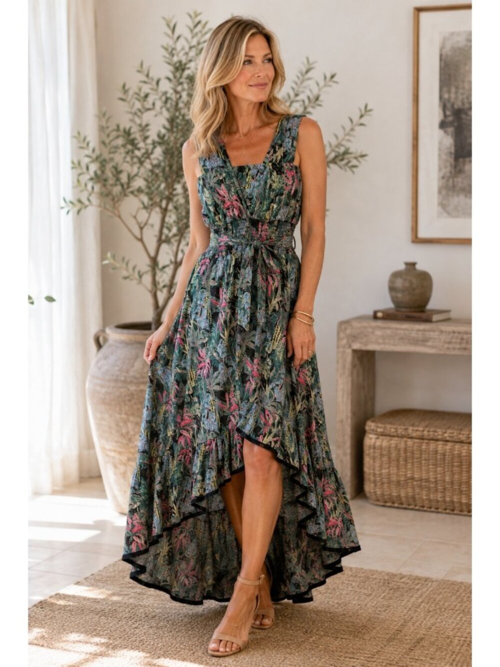 BAROK Tropical Botanical High Low Maxi Dress Metallic Lurex Tie Waist India L